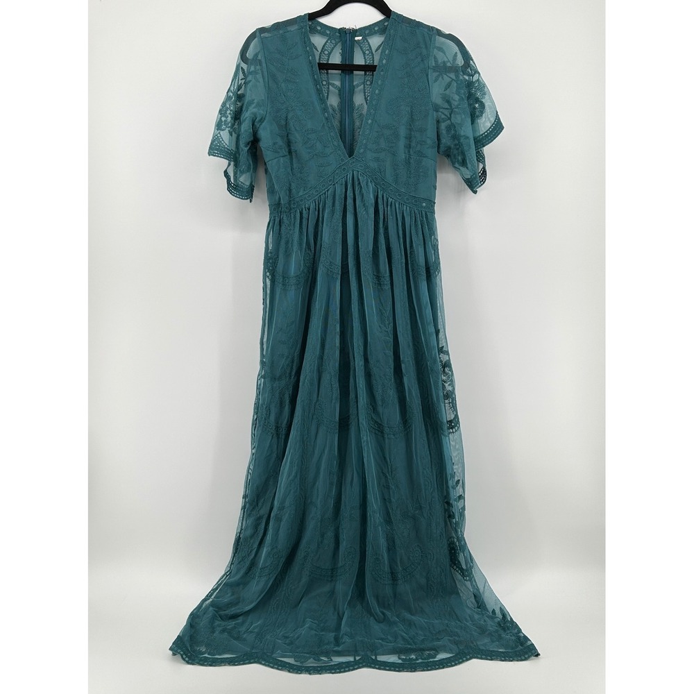 PINKBLUSH Maternity Teal Floral Lace Mesh Overlay Maxi Dress Small Boho Festival